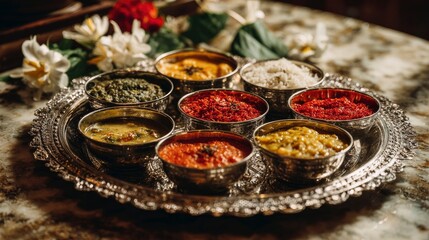 Fototapeta premium Elegant Silver Thali Plate with Variety of Indian Dishes Displayed