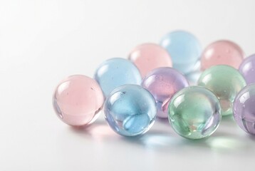 Colorful Transparent Glass Marbles on White Background with Bright Reflections