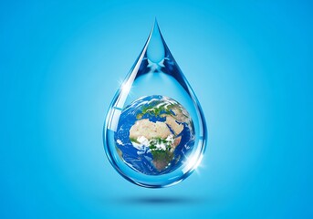 Obraz premium A stunning image of the earth inside a water droplet on blue background