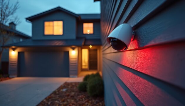 Outdoor security camera monitors suburban house at dusk. Red light reflects on siding. Home surveillance system active. Peaceful neighborhood safety.