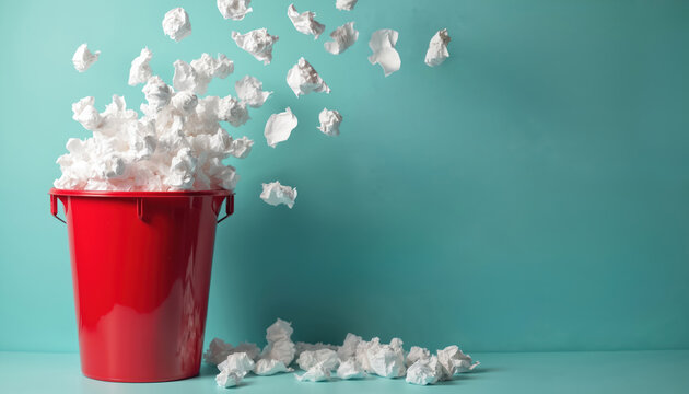 Red trash bin overflows with crumpled paper balls. White scraps fly up from container. Some paper rests on surface below. Idea waste concept.