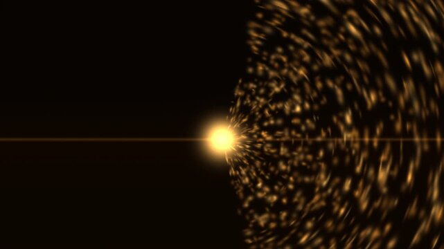Golden rays radiate from a bright yellow light across a black background
