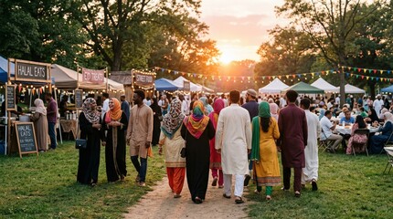 Eid al-Fitr community festival in the USA, diverse people in modest festive clothing, side and back silhouettes, outdoor celebration with food stalls, warm sunset lighting.