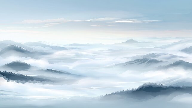 Paesaggio montano etereo con nebbia densa e cime sfocate in stile pittura a inchiostro orientale.