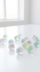 Colorful Transparent Glass Marbles on White Background with Bright Reflections