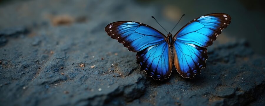 Blue morpho butterfly with open wings rests on rough dark stone. Detailed macro shot shows iridescent colors, wing patterns, antennae. Peaceful insect closeup evokes nature, beauty, tranquility.