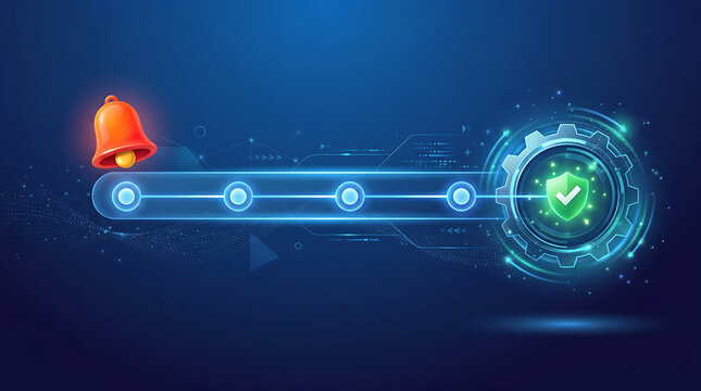 Workflow timeline with notification bell and security shield check showing compliance verification progress tracking and secure approval process on blue interface