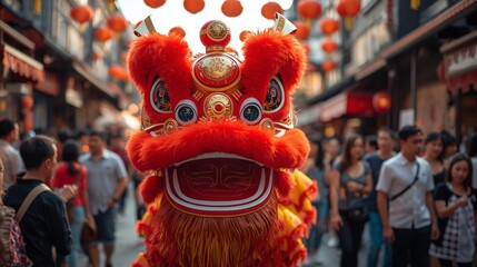 Obraz premium Traditional Chinese Lion Dance Performance During Lunar New Year Street Celebration