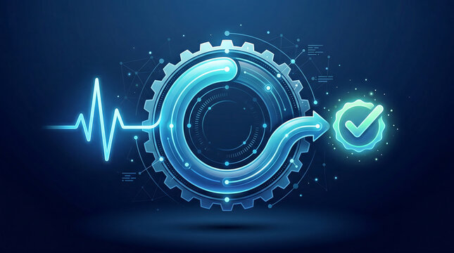 Automated system monitoring and continuous verification with refresh gear loop heartbeat signal and approved check badge showing devops reliability health check concept