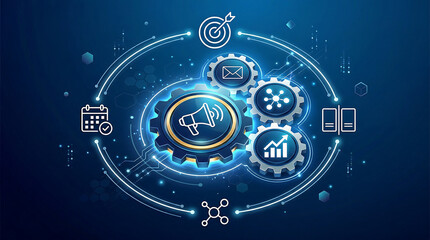 Fototapeta premium Automated campaign management concept with connected marketing gears email network chart and goal targeting icons representing multichannel promotion workflow in blue