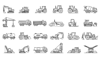 Obraz premium Heavy machinery and farm equipment editable stroke vector icon set