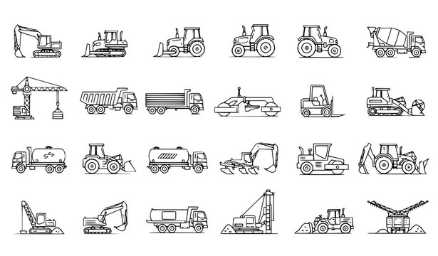 Heavy machinery and farm equipment editable stroke vector icon set