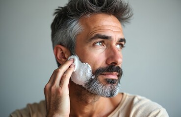 Fototapeta premium Mature man with grey beard applies shaving cream with cotton pad. He prepares for shave with careful expression. Male skincare routine in morning. Healthy facial grooming.