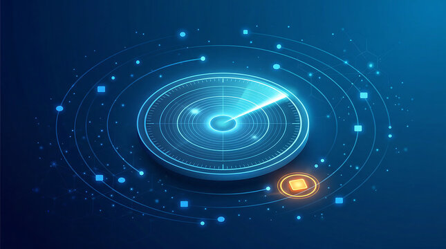 Radar scanning interface with circular waves and sweep beam representing monitoring detection tracking analytics and cybersecurity threat scanning on blue background