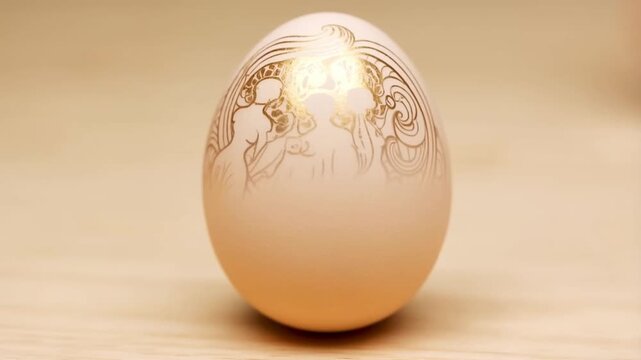An elegant timelapse of an egg painted in Art Nouveau style with flowing organic lines and gilded Mucha-inspired details, concept of decorative elegance and feminine beauty