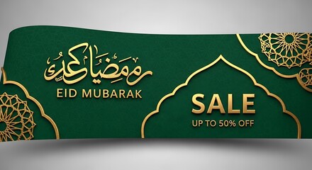 Eid mubarak sale banner with decorative gold elements and green background