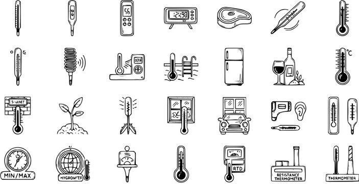 Hand-drawn Thermometer Icons Set - Doodle collection depicting temperature measurement devices for medical, home, weather, food, industrial, and outdoor applications.