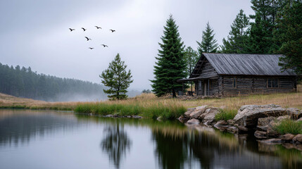 Obraz premium Serene Log House by Tranquil Lake in Pine Forest Under Golden Morning Sky