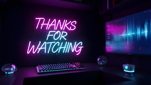 Modern gaming setup with neon thanks for watching message