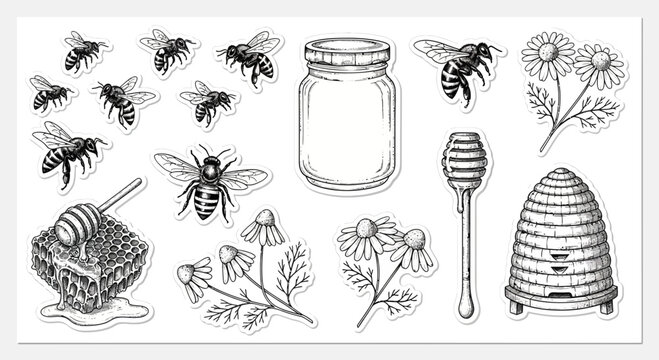 Vintage beehive honey jar bees and flowers isolated illustration