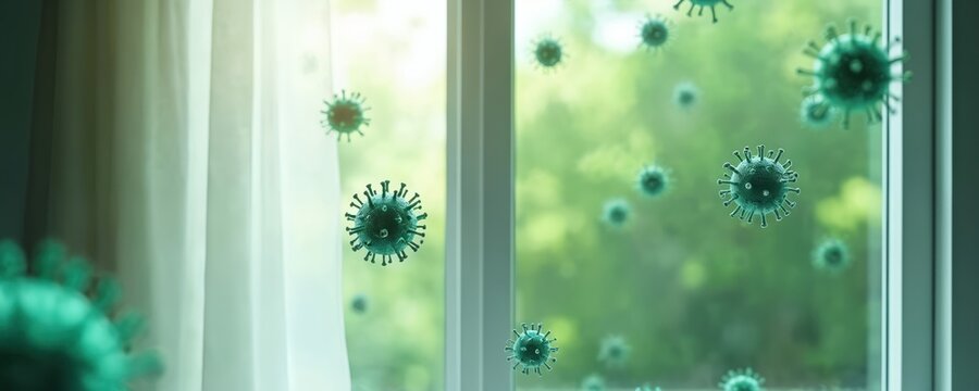Viruses float near window with curtain. Blurred green trees outside. Microscopic infection spreads indoors through air. Medical science concept illustration.