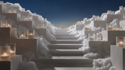 An ethereal white staircase ascending into a soft blue sky, lined with fluffy clouds and numerous lit candles in glass holders, creating a peaceful spiritual atmosphere