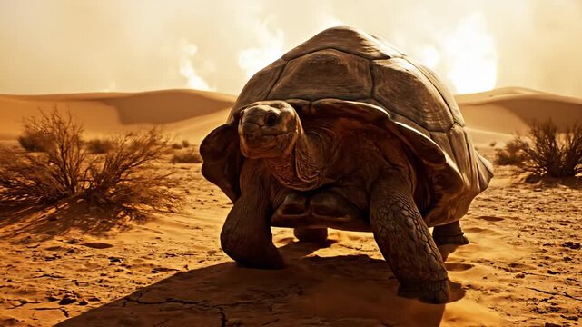 Ancient Tortoise Walks Slowly Across Sun-Drenched Desert Dunes