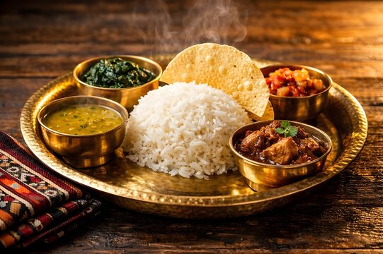 Authentic Nepalese Thakali Thali Platter on Rustic Wooden Table