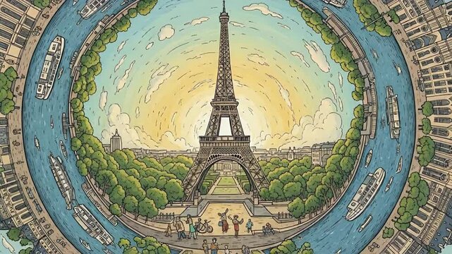 Whimsical circular panorama featuring the Eiffel Tower in a vibrant cityscape.