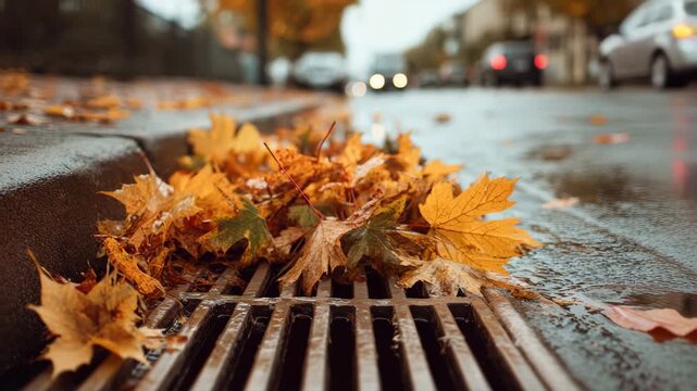 Autumn leaves clogging street drain after rain