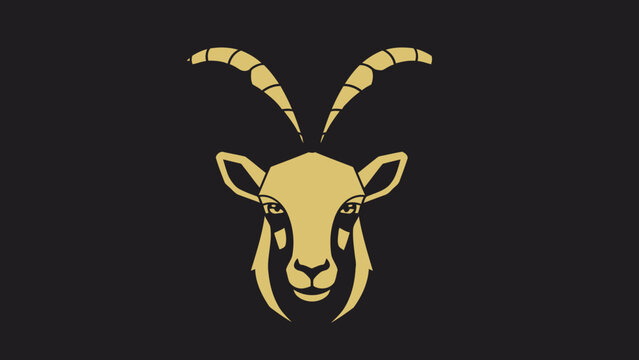 Golden Ibex Head Emblem with Majestic Horns on Dark Background.