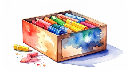 Watercolor Box of Crayons - Vibrant Art Supplies Illustration.