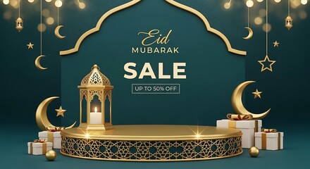 Eid mubarak sale promotion with festive golden lantern and moon decorations