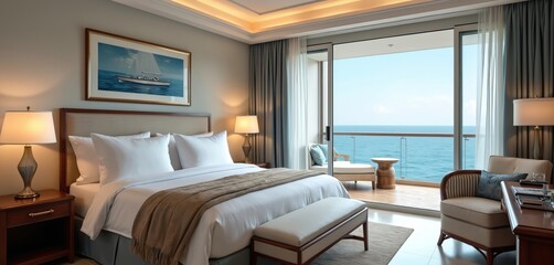 Fototapeta premium Luxury hotel suite with ocean view balcony. Nautical decor includes ship painting. Plush bedding and elegant furniture provide comfort. Relaxing maritime theme.