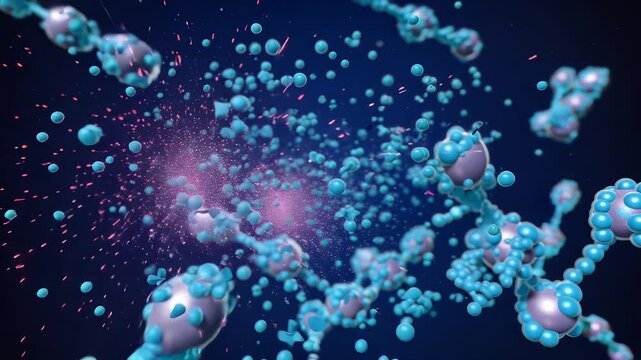 Molecular structures releasing atp energy in a vibrant, dynamic 3D environment viewed from an immersive perspective.