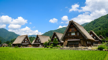 Obraz premium Gassho-Zukuri Farmhouses in Shirakawa-go with Blue Sky and Mountain Backdrop