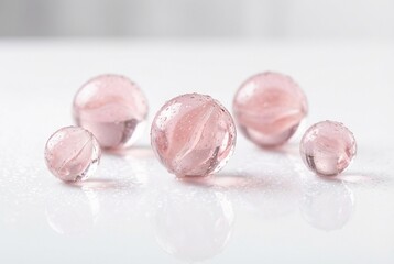 Pink Crystal Glass Marbles with Water Droplets on White Background