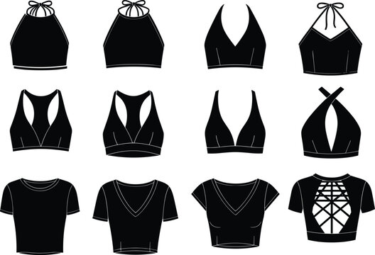 Vector set of women's black crop tops, halter necks, and t-shirt templates, fashion apparel flat sketches for clothing design mockups.