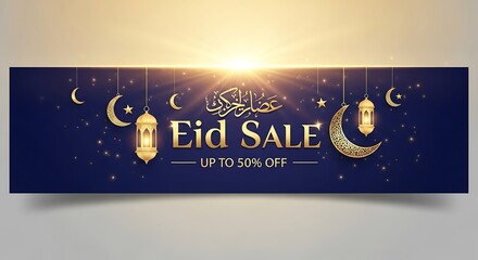 Eid sale banner with crescent moons and lanterns on a dark blue background