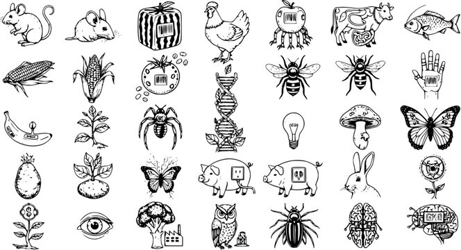 Genetic Modification and Bioengineering Icons Set: Hand-drawn illustrations depicting GMO animals, plants, technology, science, and consumerism's impact.