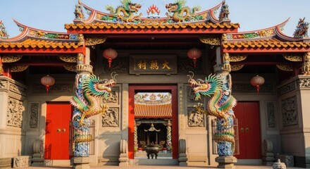 Fototapeta premium Ornate Temple Entrance with Dragon Statues.