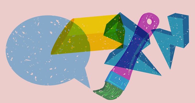 Risograph Brush and speech bubble with geometric shapes animation. Moving object in trendy riso graph design video.