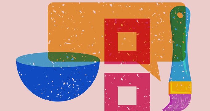 Risograph Brush and speech bubble with geometric shapes animation. Moving object in trendy riso graph design video.