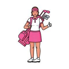 Female Golfer with Golf Clubs and Bag.