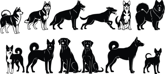 Set of various dog breed silhouettes in black and white vector illustration including husky shepherd labrador and terrier for pet design © Hafiza
