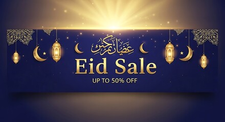 Eid sale banner with golden lanterns and crescent moons on blue background