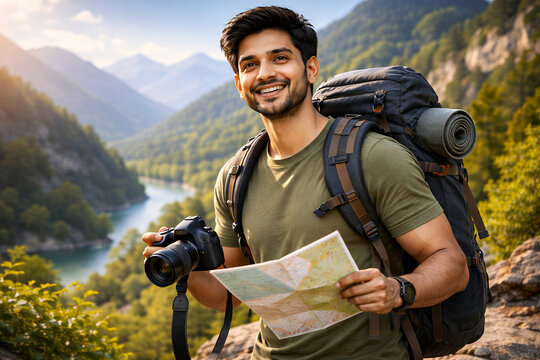Happy Male Backpacker with Camera and Map Exploring Scenic Mountain River Valley