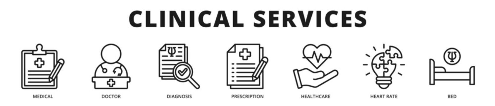 Executive banner highlighting structured clinical services covering diagnosis, prescription management, patient monitoring, and professional medical care delivery outline icon style