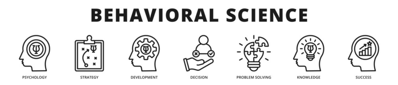 Professional banner exploring behavioral science concepts applied to decision making, cognitive development, and performance enhancement strategies outline icon style