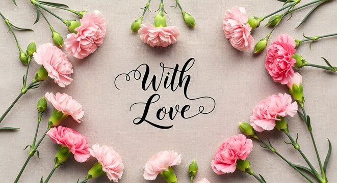 With love elegant script text centered on a light beige textured background, framed by a border of fresh pink carnation flowers with green stems
